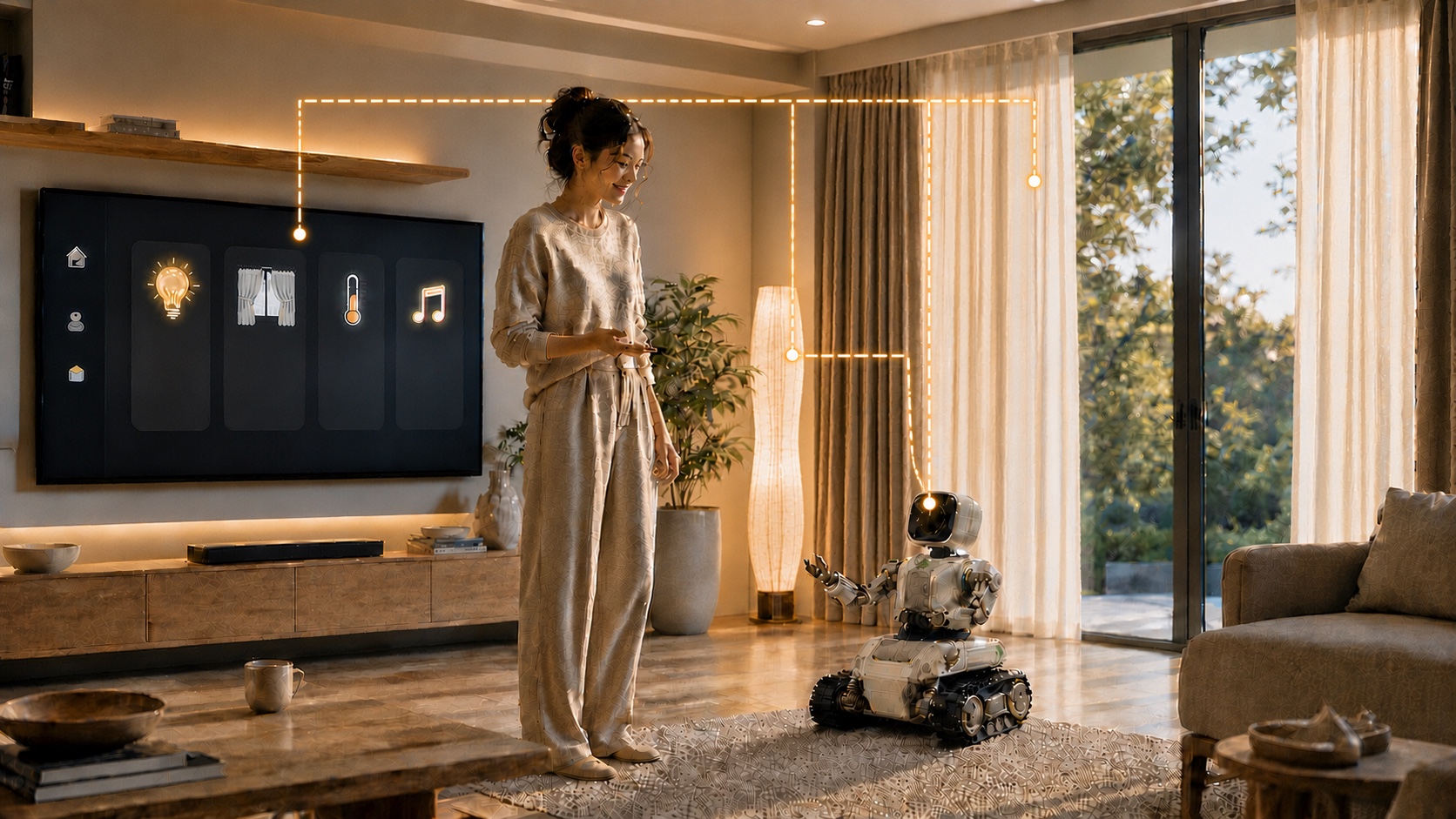 主人与 Ori Robot 对话，机器人联动灯光、电视与窗帘